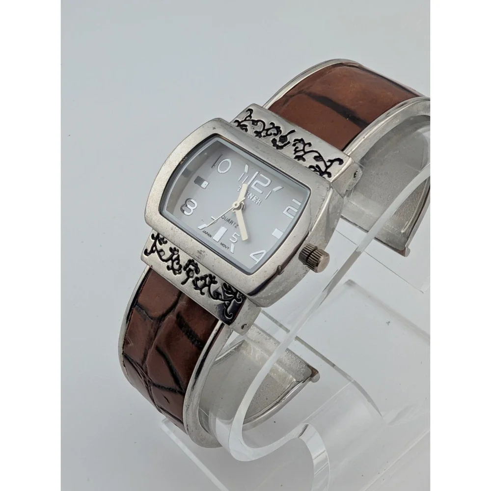 Bijoux Terner Watch Women 30mm Silver Case Brown Leather Bangle Band New Battery